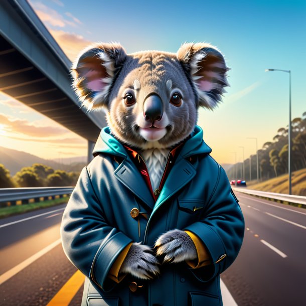 Drawing of a koala in a coat on the highway