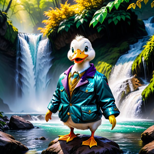 Image of a duck in a jacket in the waterfall