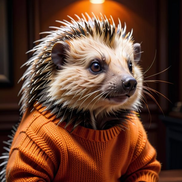 Photo of a porcupine in a orange sweater