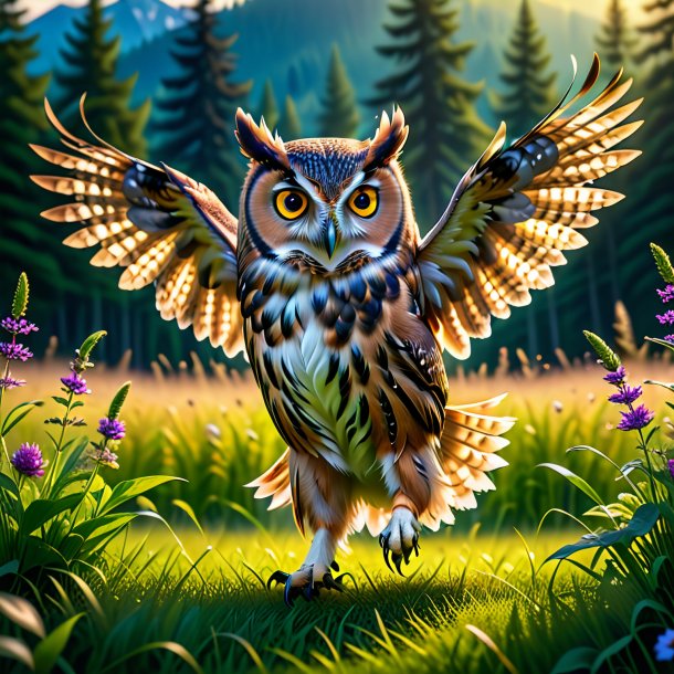 Image of a dancing of a owl in the meadow