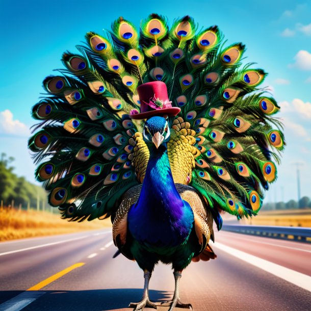 Foto de um pavão em um chapéu na estrada