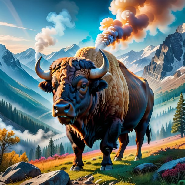 Picture of a smoking of a buffalo in the mountains