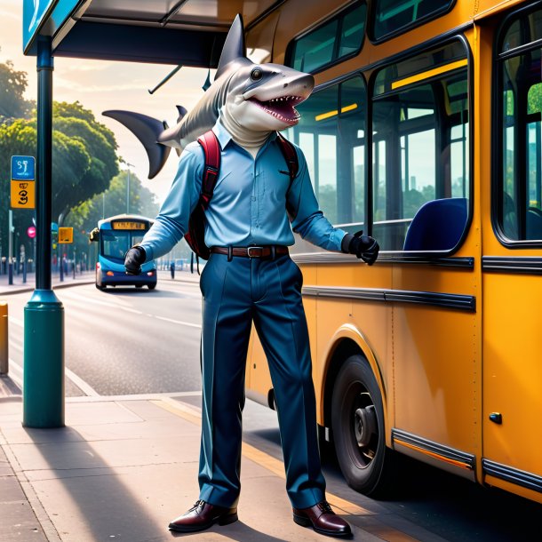 Foto de un tiburón martillo en un pantalón en la parada de autobús