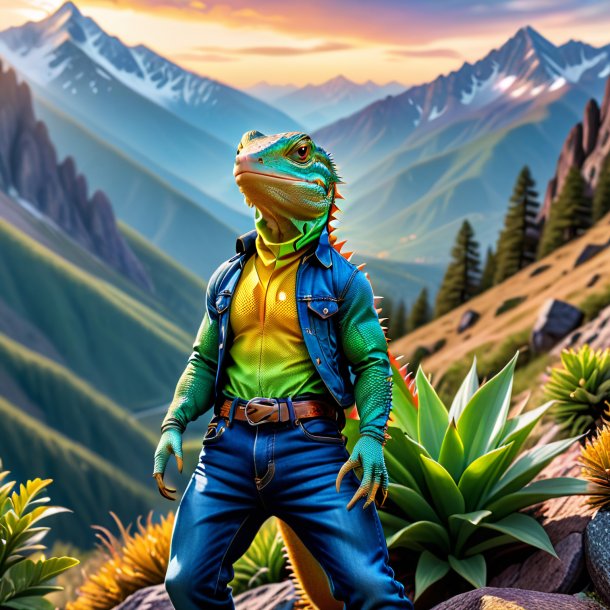 Image of a lizard in a jeans in the mountains