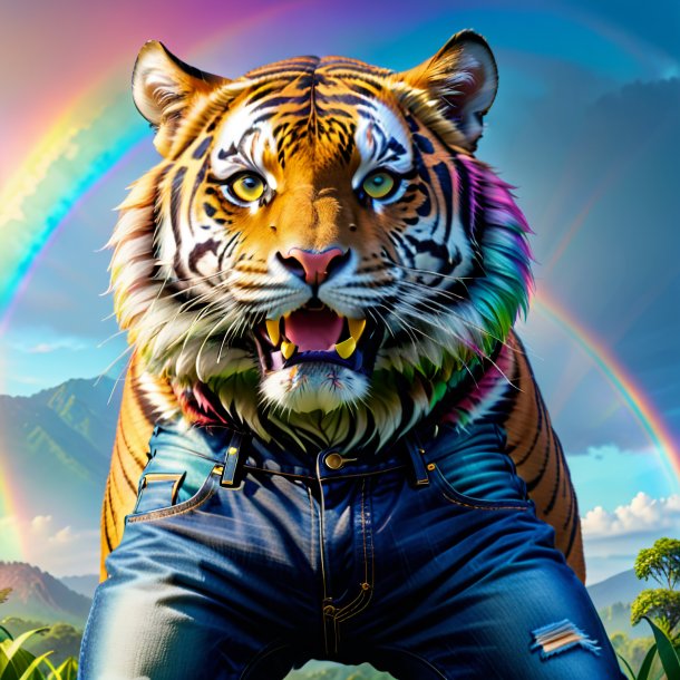 Picture of a tiger in a jeans on the rainbow