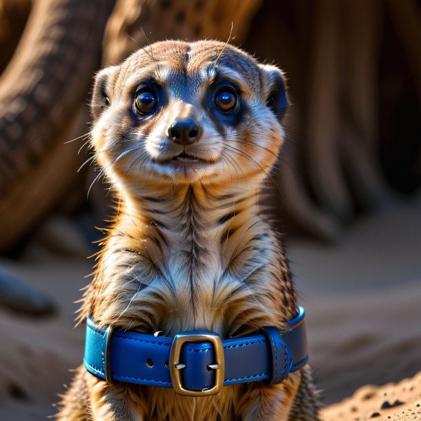 Pic of a meerkat in a blue belt