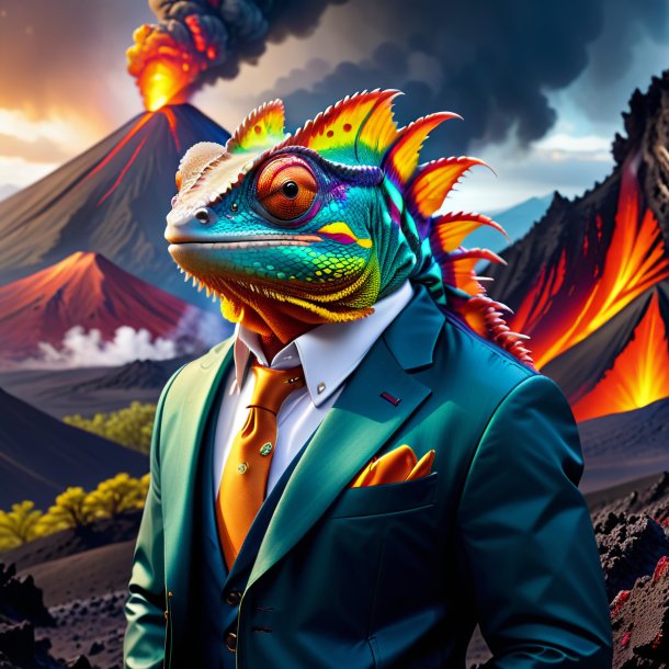 Picture of a chameleon in a jacket in the volcano