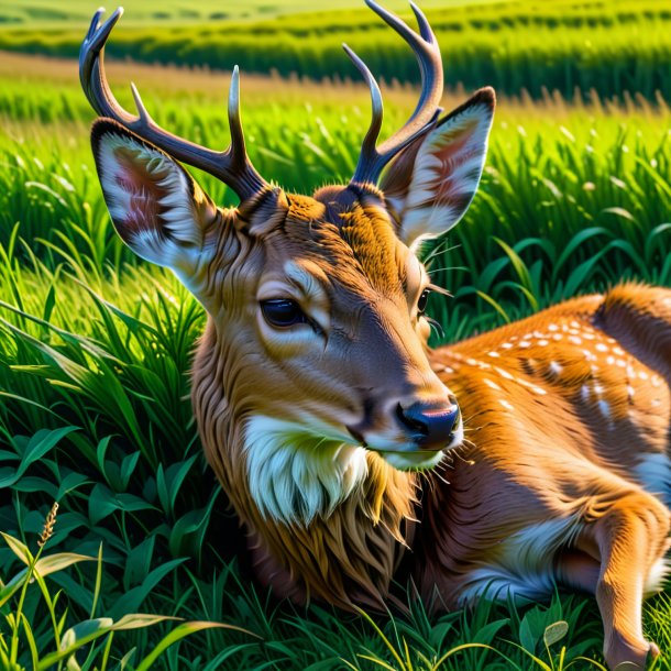 Photo of a sleeping of a deer on the field