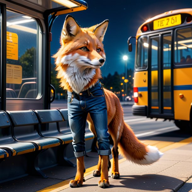 Pic d'un renard dans un jean sur l'arrêt de bus