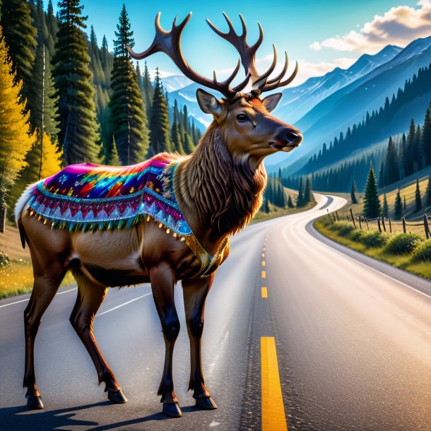 Photo d'un wapiti dans une robe sur la route