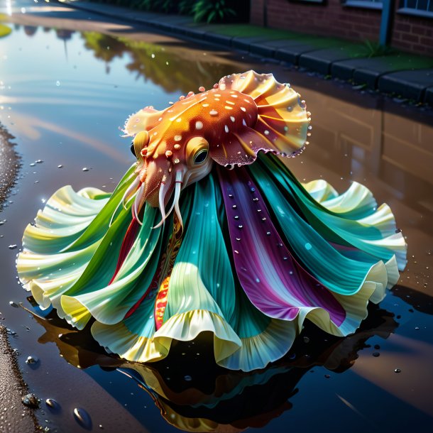 Illustration of a cuttlefish in a skirt in the puddle