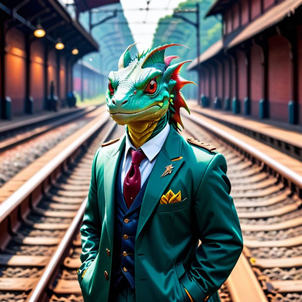 Photo of a basilisk in a jacket on the railway tracks