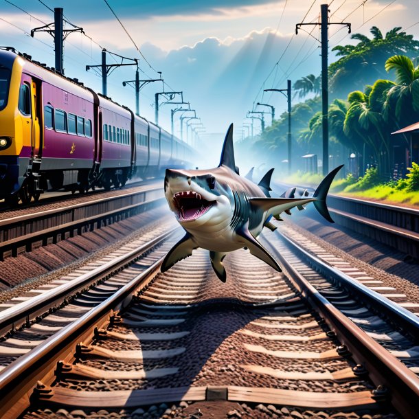 Photo of a dancing of a hammerhead shark on the railway tracks