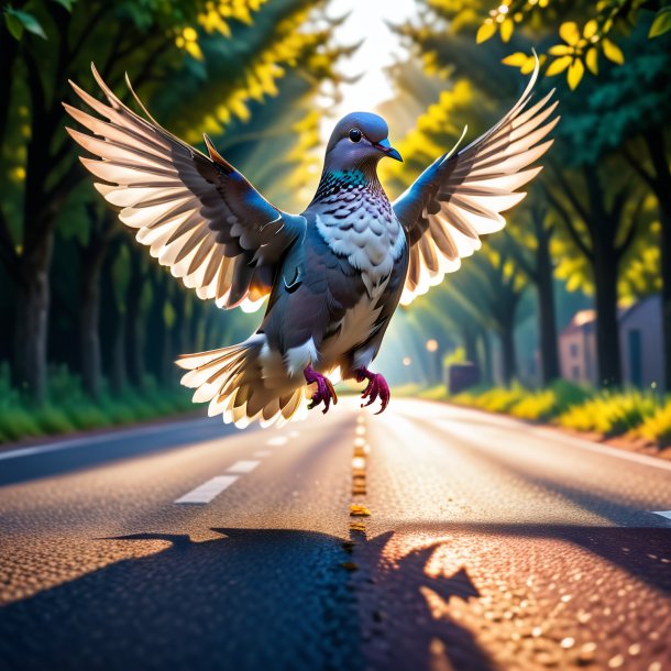 Imagem de um salto de uma pomba na estrada