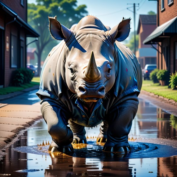 Image of a rhinoceros in a jeans in the puddle