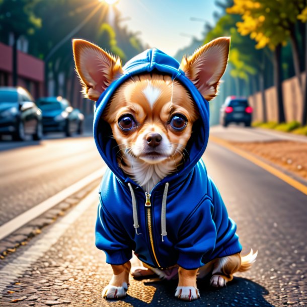 Photo d'un chihuahua dans un sweat à capuche sur la route