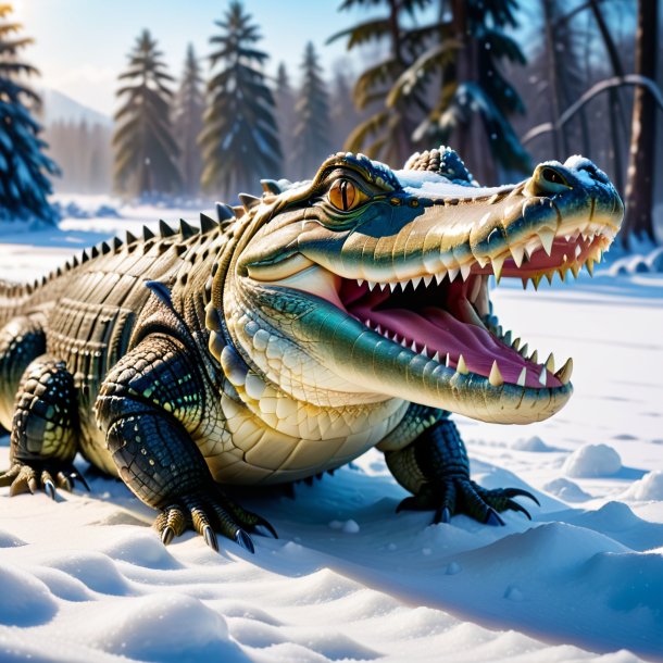 Photo of a smiling of a crocodile in the snow