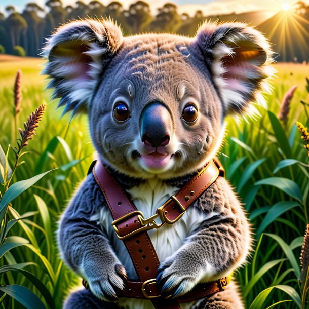 Image of a koala in a belt in the meadow