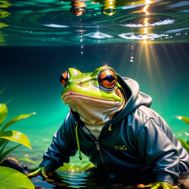 Foto de una rana en una sudadera con capucha en el agua