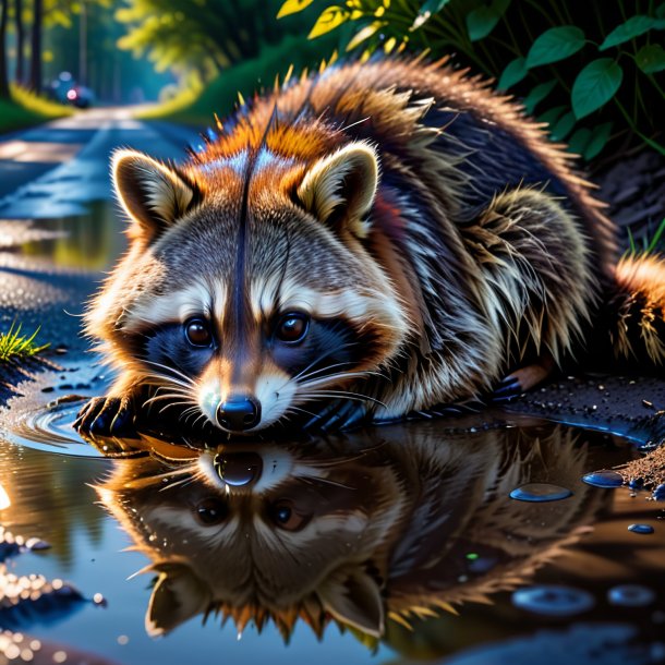 Image of a sleeping of a raccoon in the puddle