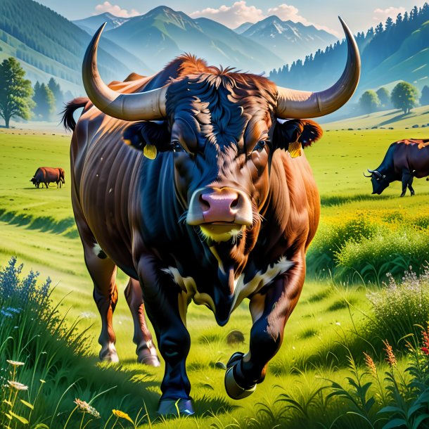 Image of a drinking of a bull in the meadow