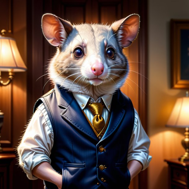 Drawing of a possum in a vest in the house