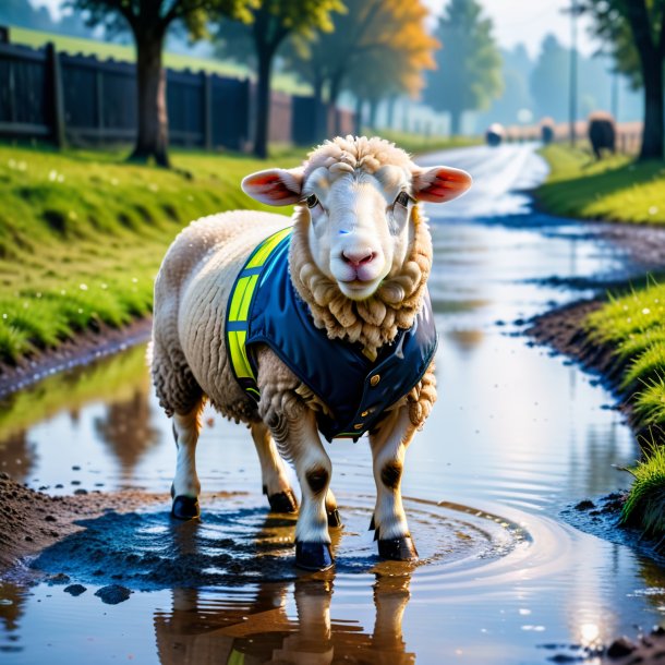 Photo of a sheep in a vest in the puddle