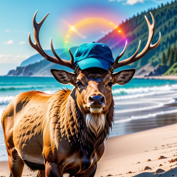 Pic d'un wapiti dans une casquette sur la plage