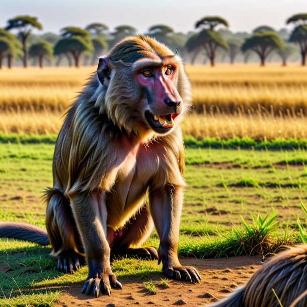 De uma bebida de um babuíno no campo