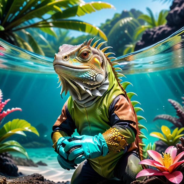 Photo of a iguana in a gloves in the water