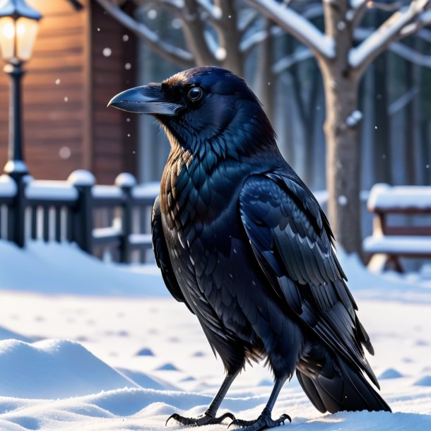 Pic d'un corbeau dans un manteau dans la neige