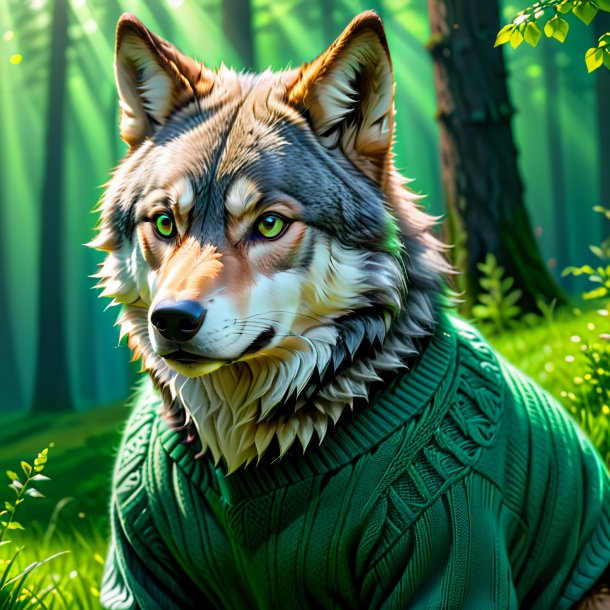 Pic of a wolf in a green sweater