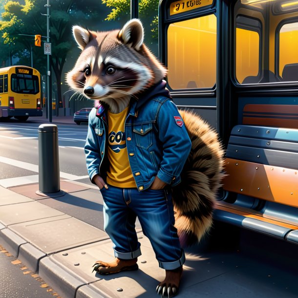 Drawing of a raccoon in a jeans on the bus stop