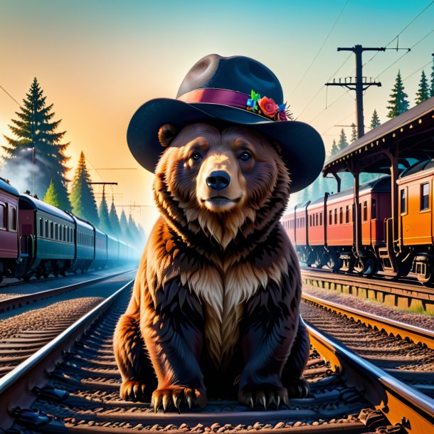 Foto de un oso en un sombrero en las vías del ferrocarril