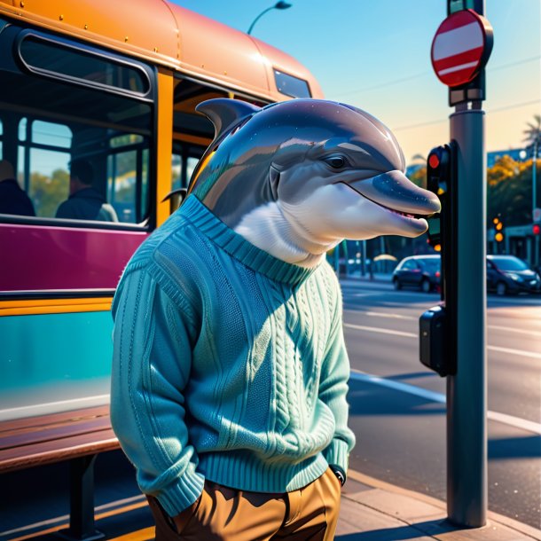 Foto de um golfinho em um suéter no ponto de ônibus