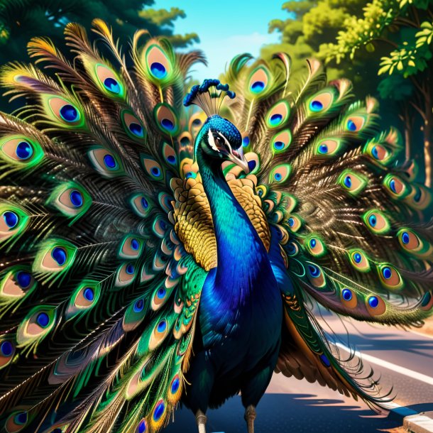 Drawing of a peacock in a belt on the road