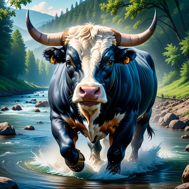 Ilustración de un toro en un vaquero en el río