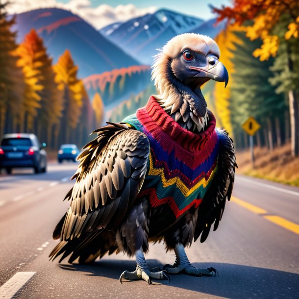 Foto de um abutre em um suéter na estrada