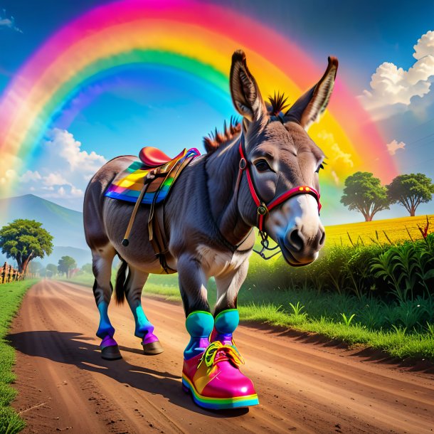 Foto de un burro en un zapato en el arco iris