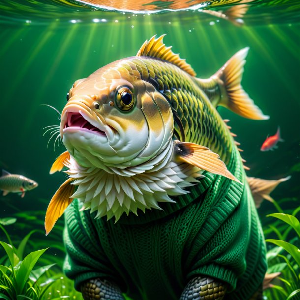 Picture of a carp in a green sweater