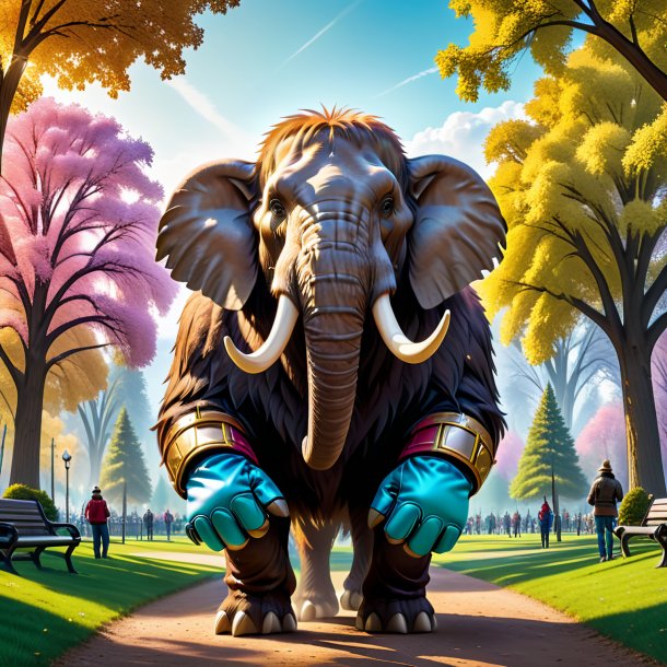 Imagen de un mamut en guantes en el parque