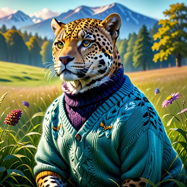 Image of a jaguar in a sweater in the meadow