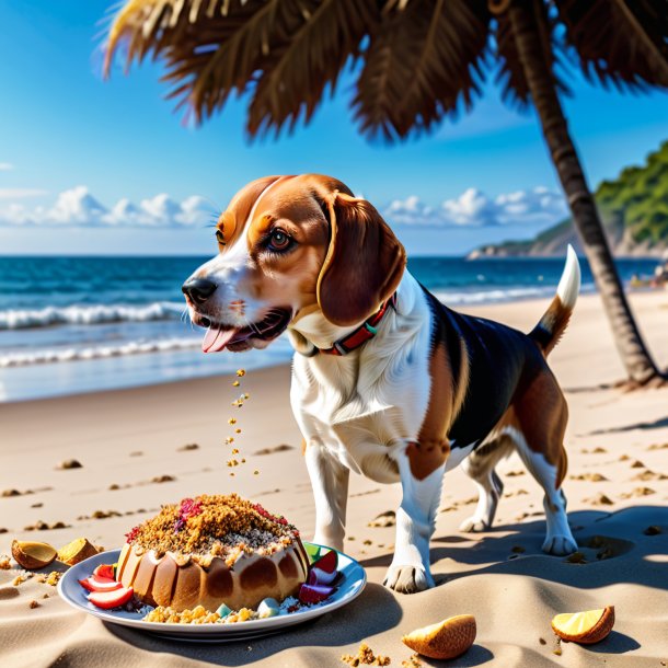 Image d'un repas d'un beagle sur la plage