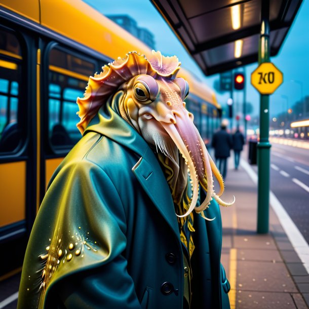 Image of a cuttlefish in a coat on the bus stop