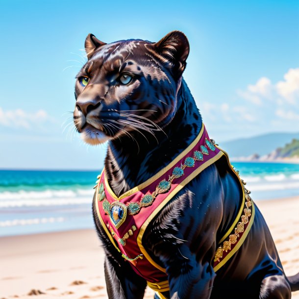 Foto de una pantera en un chaleco en la playa