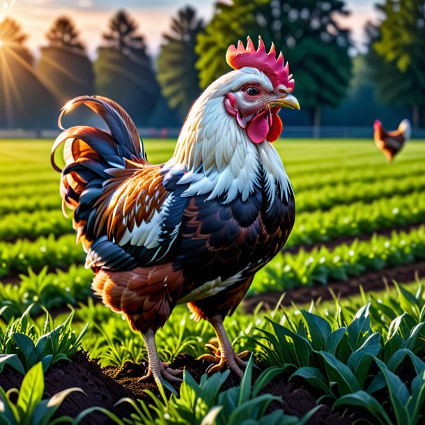 Photo of a hen in a gloves on the field