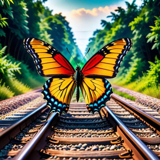 Image of a threatening of a butterfly on the railway tracks