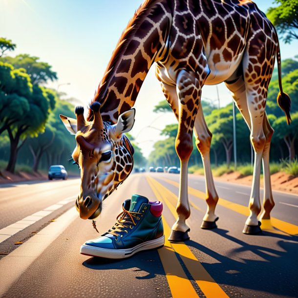 Drawing of a giraffe in a shoes on the road