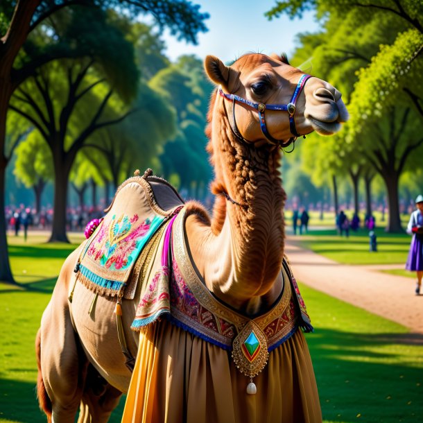 Foto de un camello en un vestido en el parque