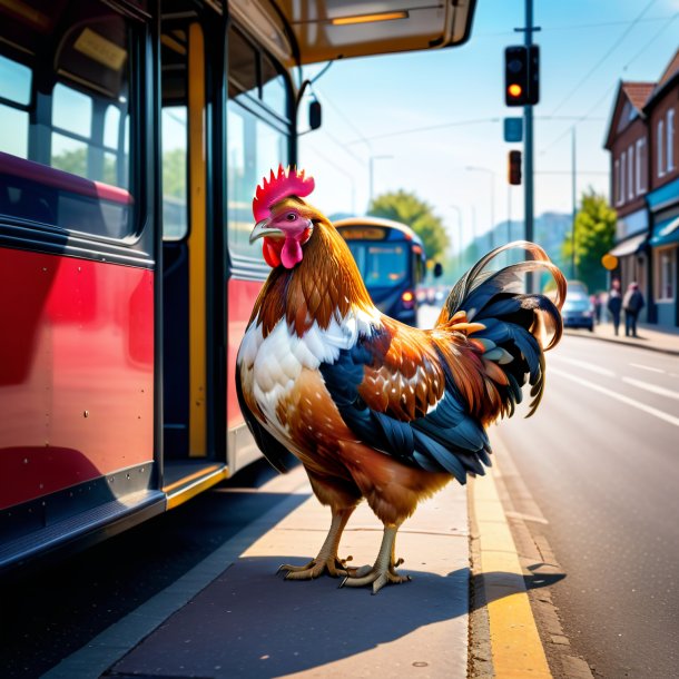 Photo d'une poule dans une jupe sur l'arrêt de bus